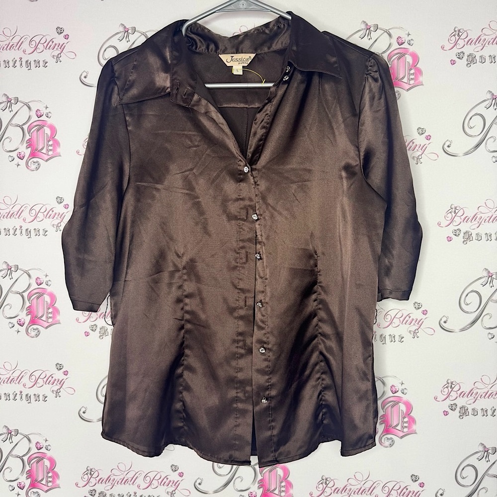 Jessica shirt button down diamond crystals buttons puff Brown Satin Women's Top